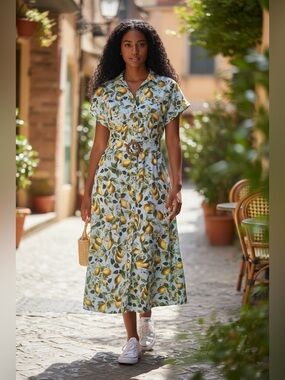Zara Pear-Print Button Midi Dress - Yellow/Green